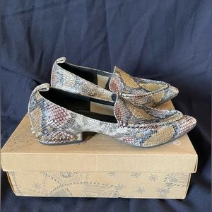 New Jeffrey Campbell Barnett Snake Embossed Studded Heel Loafer Python Brown